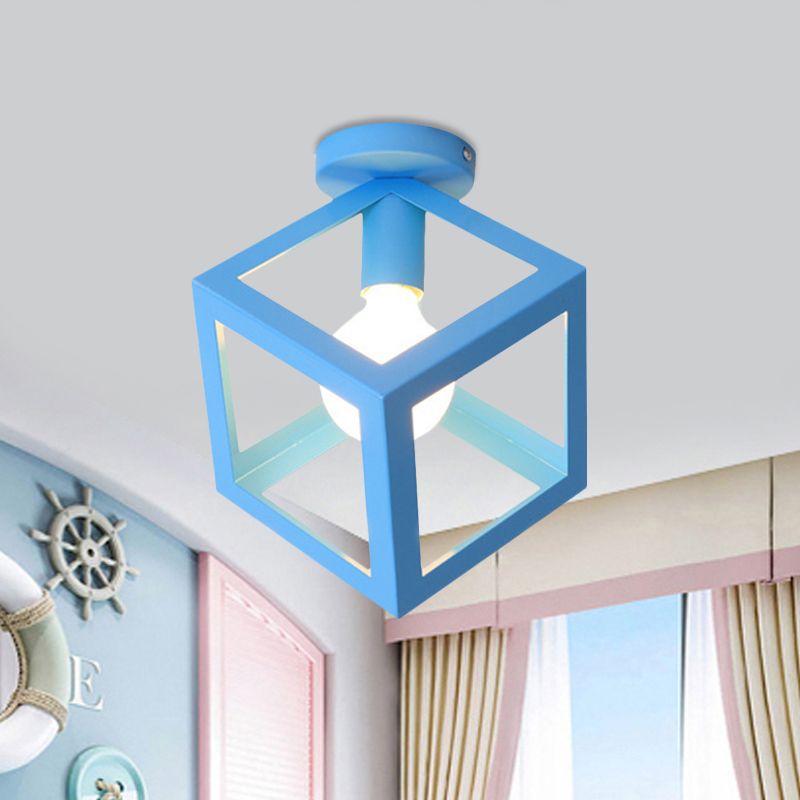 1 Light Squared Ceiling Mounted Light with Wire Guard Loft Style Black/Gray Metallic Semi-Flush Lighting for Bedroom