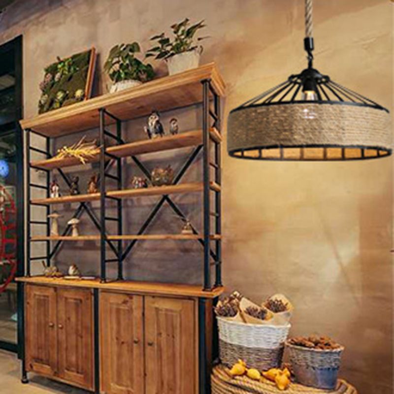 Touw linnen 1 licht hanger lamptrommel vintage loft plafond armatuur voor bar