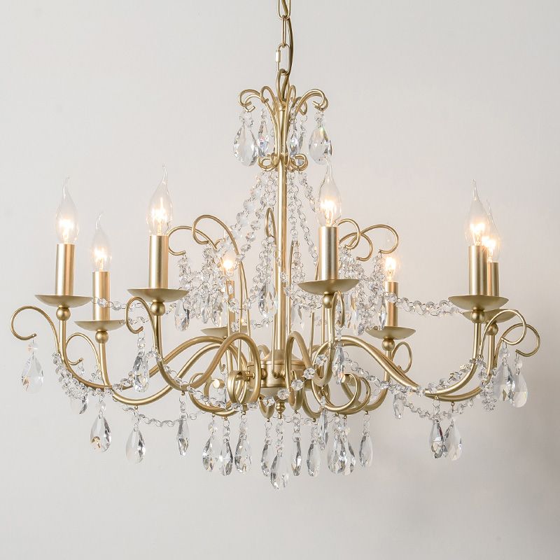 Frosted Gold French Style Chandelier Light with Candlestick Metal Multi Light Pendant with Clear Crystal