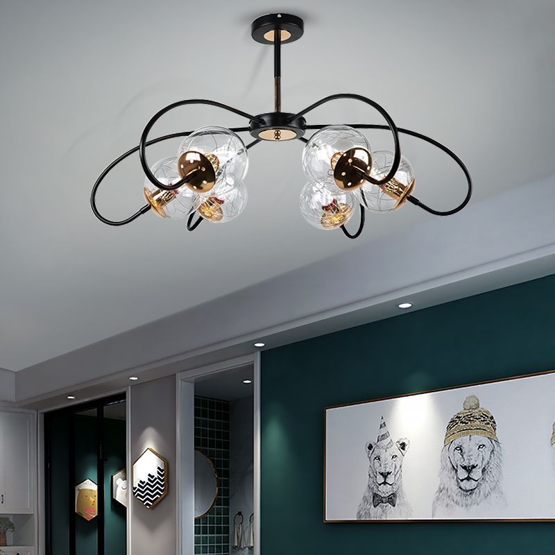 Black Floral Swirl Chandelier Minimalist Clear Ball Glass Pendant Light for Living Room