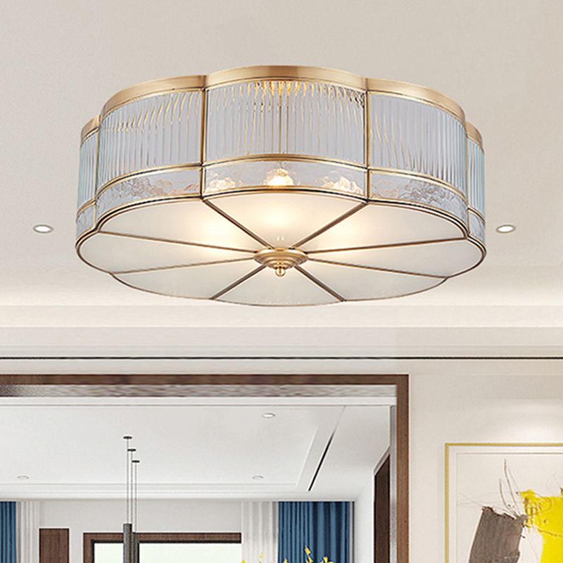 Ribbed Glass Gold Ceiling Flush Clover 3/4 Heads 14"/18" W Colonialist Flush Mount Lamp for Dining Room