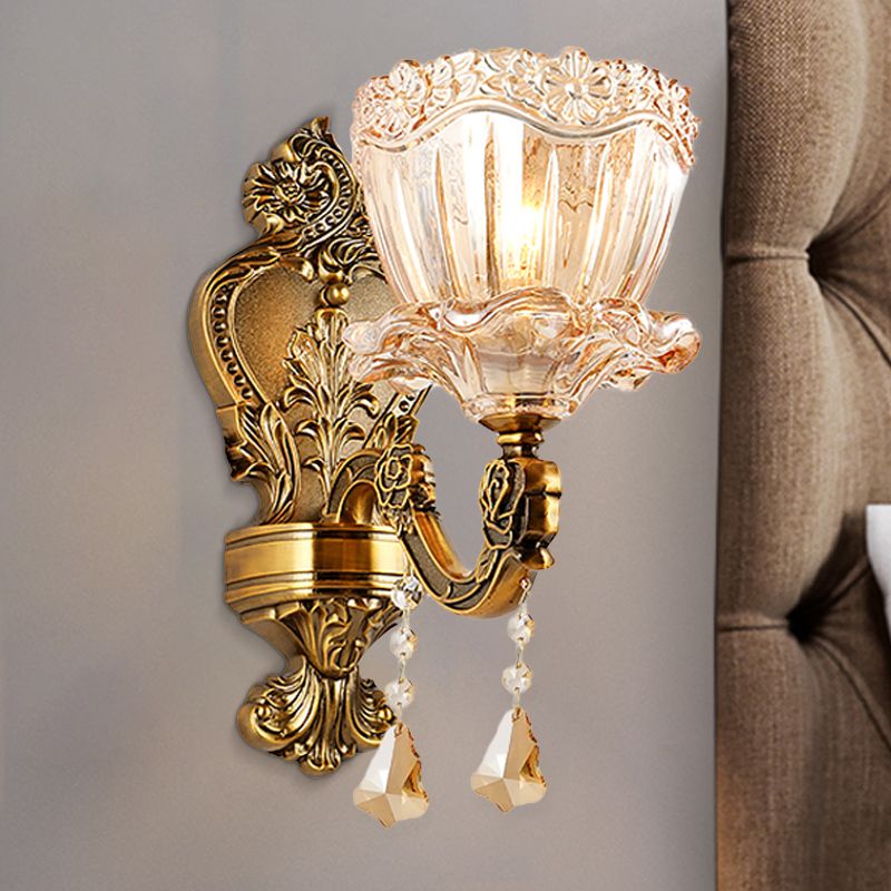 Amber Glass Flower Wall Light Fixture Modern 1/2 Heads Brass Sconce Light with K9 Crystal Drop