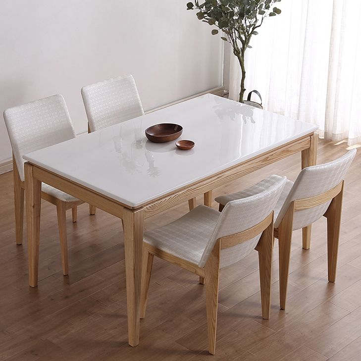 Middeleeuwse moderne marmeren rechthoekige tafel witte tafel met houten basis en 4 poten