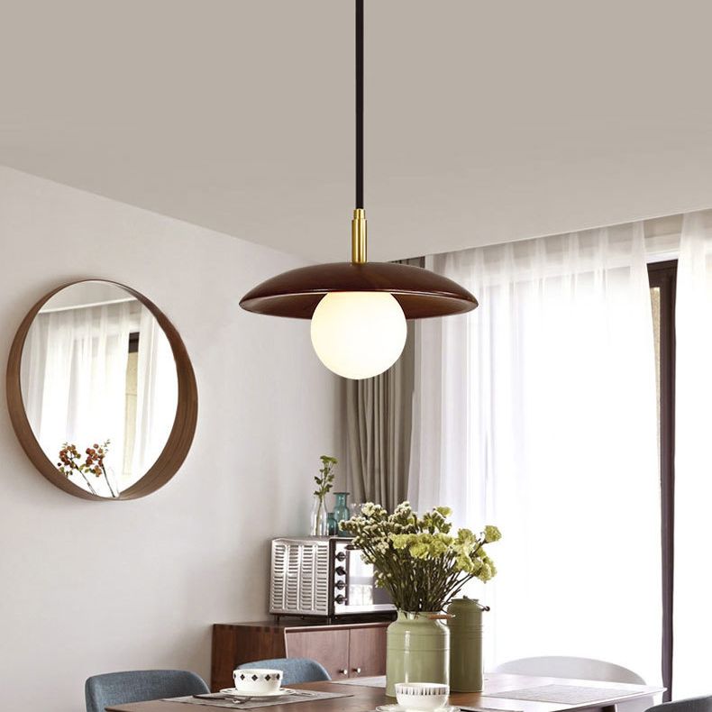 Dark Brown Saucer Pendant Lighting Simple 1-Light Wooden Ceiling Light with White Glass Shade