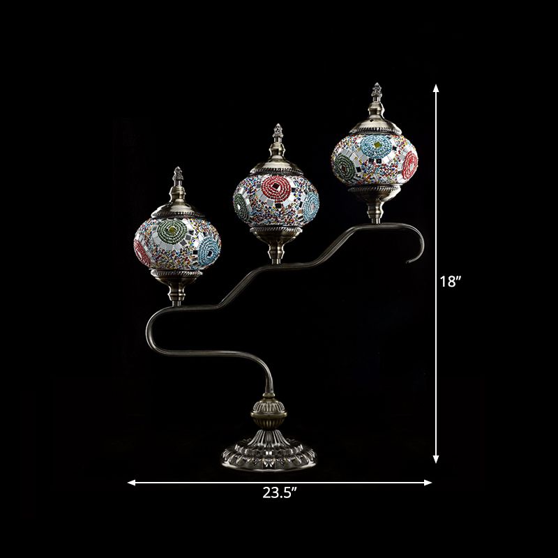 3 Heads Stained Glass Night Light Mediterranean Red/Orange/Blue Tower Bedroom Table Lamp with Step Design