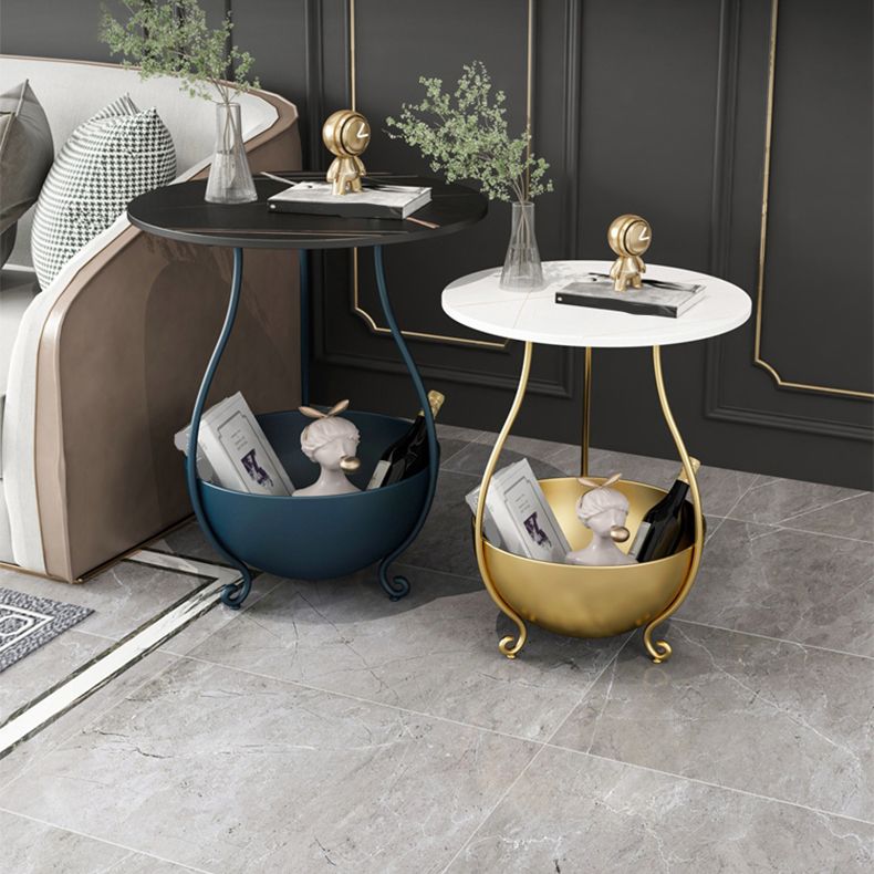 Metal Nightstand Contemporary Stone Top Night Table with Shelves