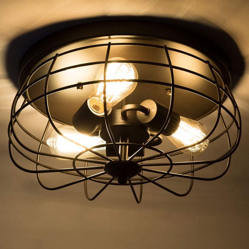 Cage Drum Flush Mount Lighting Retro Simple Industrial Style Metal Ceiling Light Fixture for Hallway