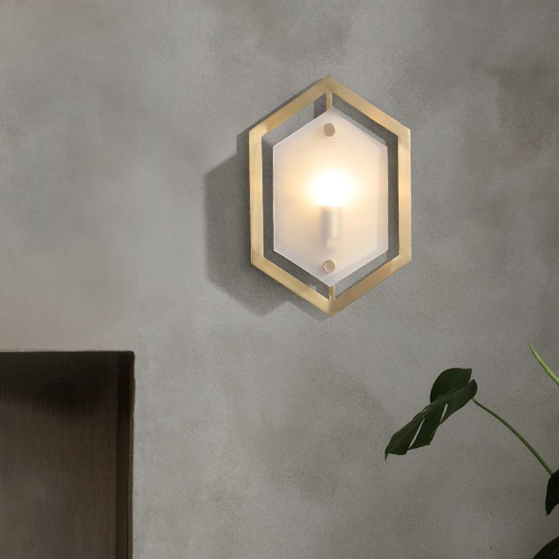 Hexagon Sconce Lighting Postmodern Metallic 1-Bulb Brass Wall Lamp Fixture with Translucent Glass Shade