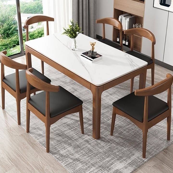 Rectangle Stone Top Dining Table Rubberwood Solid Wood 4 Legs Dining Table