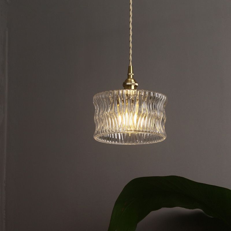 Cylindrical Sitting Room Pendant Lamp Antique Clear Ribbed Glass Single Gold Ceiling Light