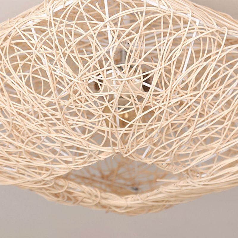 Asian Square Flush Mount Lighting 3-Light Rattan Flush Mount Ceiling Lights for Living Room
