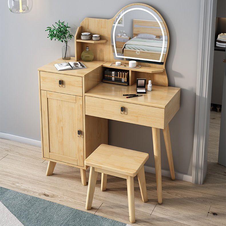 Rubberwood Vanity Set with Stool and Mirror Scandinavian Drawers Dresser