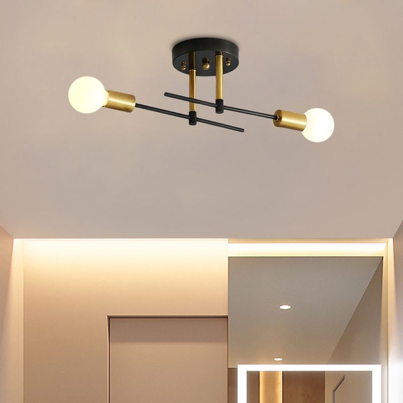 Minimalist Linear Semi Flush Mount Iron 2 Bulbs Bedroom Flush Ceiling Light Fixture in Black