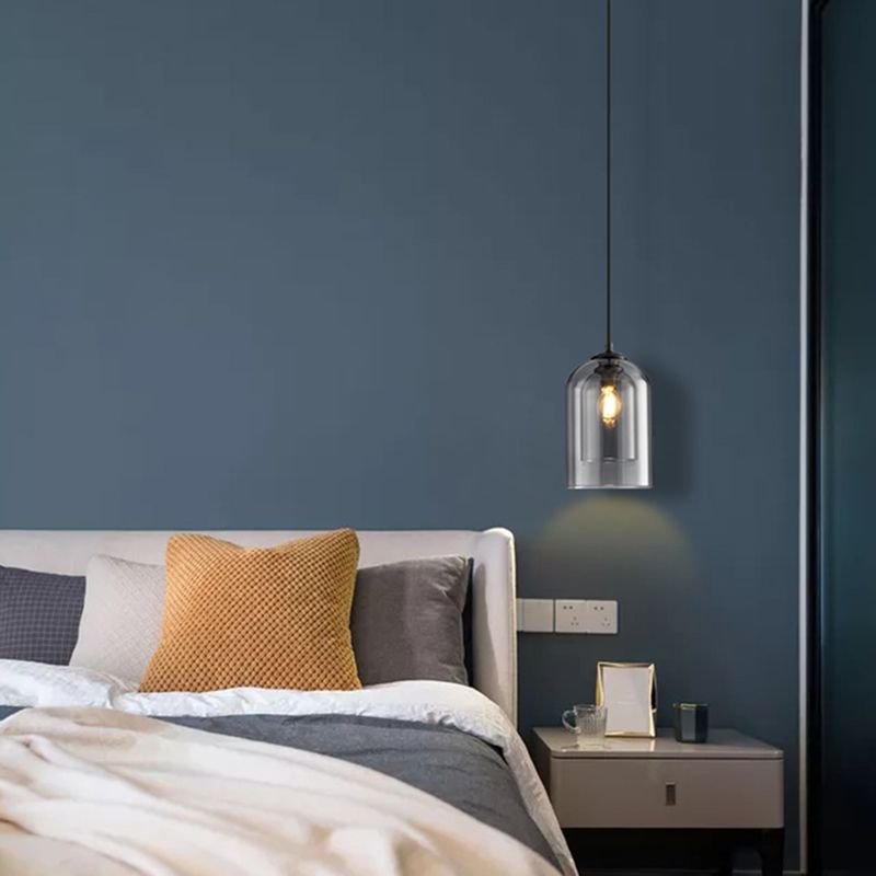 Wrought Iron Single Pendant Light in Modern Simplicity Glass Cylindrical Hanging Light for Bedroom