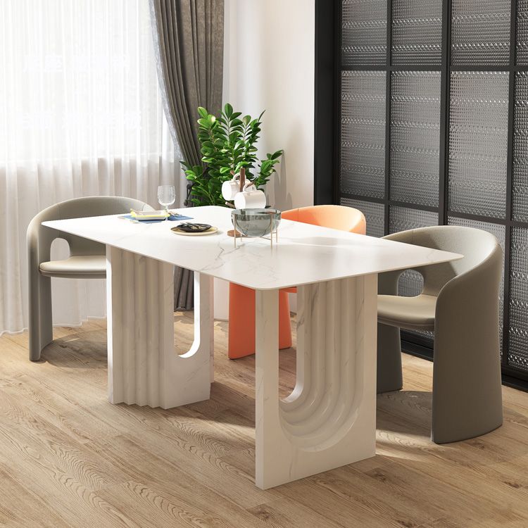 47.24''L Contemporary Sintered Stone Table White Dining Table with Double Pedestal Bases