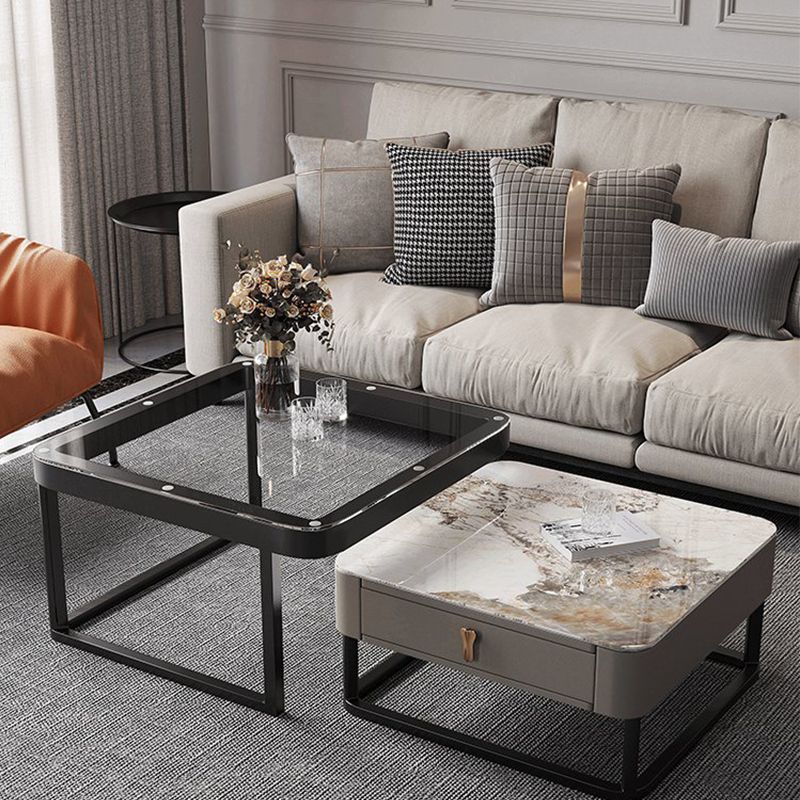 Coffee Table with a Black Frame Base Made of Glass and Rock Sheet and a Square Top