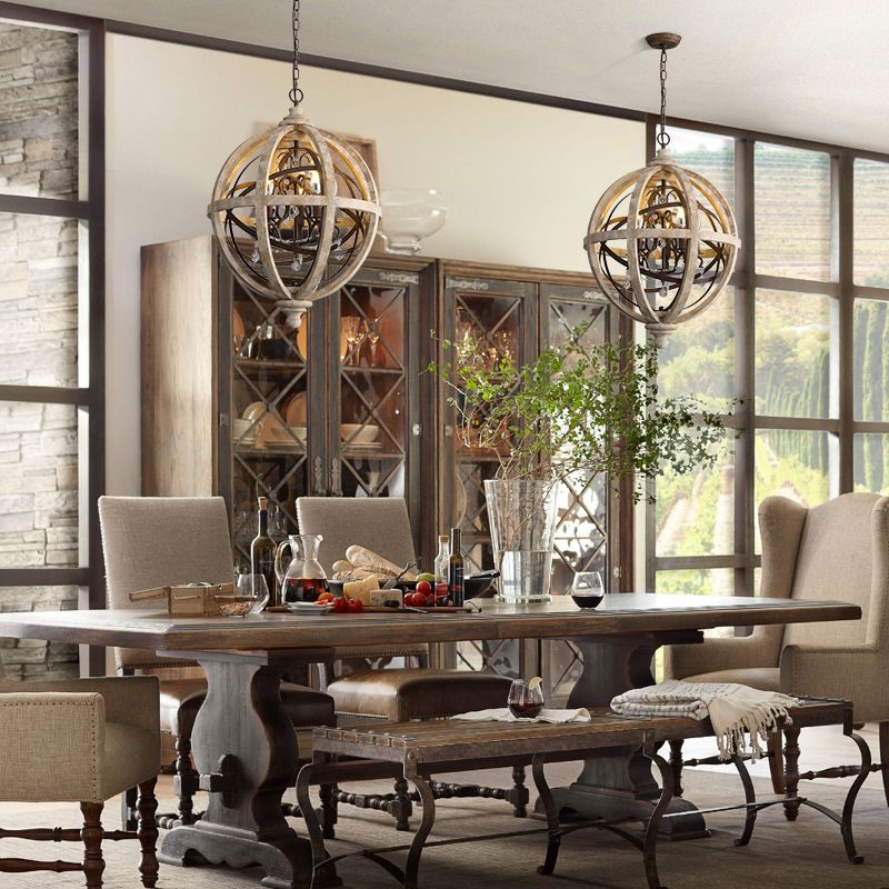 French Retro Chandelier Wood Crystal Pendant Light Fixture for Bedroom Living Room