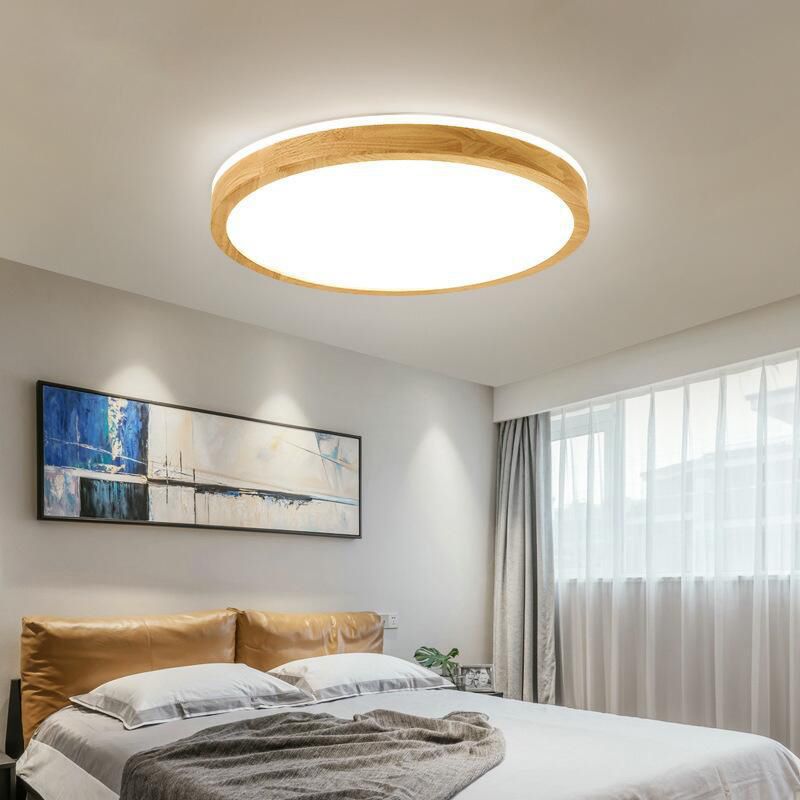 2.2 Inch Ultra-thin Round Wooden Ceiling Light Acrylic Shade Contemporary Minimalism Lighting Fixture for Bedroom