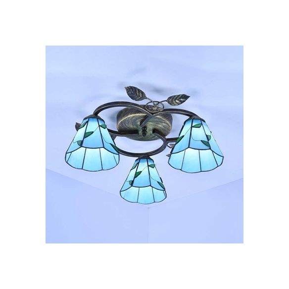Geometric Ceiling Light Fixture with Pattern Tiffany Stained Glass 3 Lights Flushmount Ceiling Light in Bronze