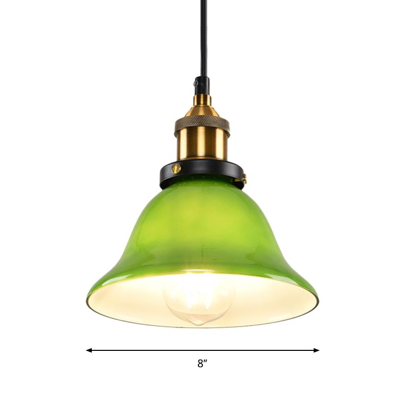 1-Light Carillon Suspension Pendant Vintage Brass Green Glass Hanging Light Fixture for Guest Room, 8"/10" Width