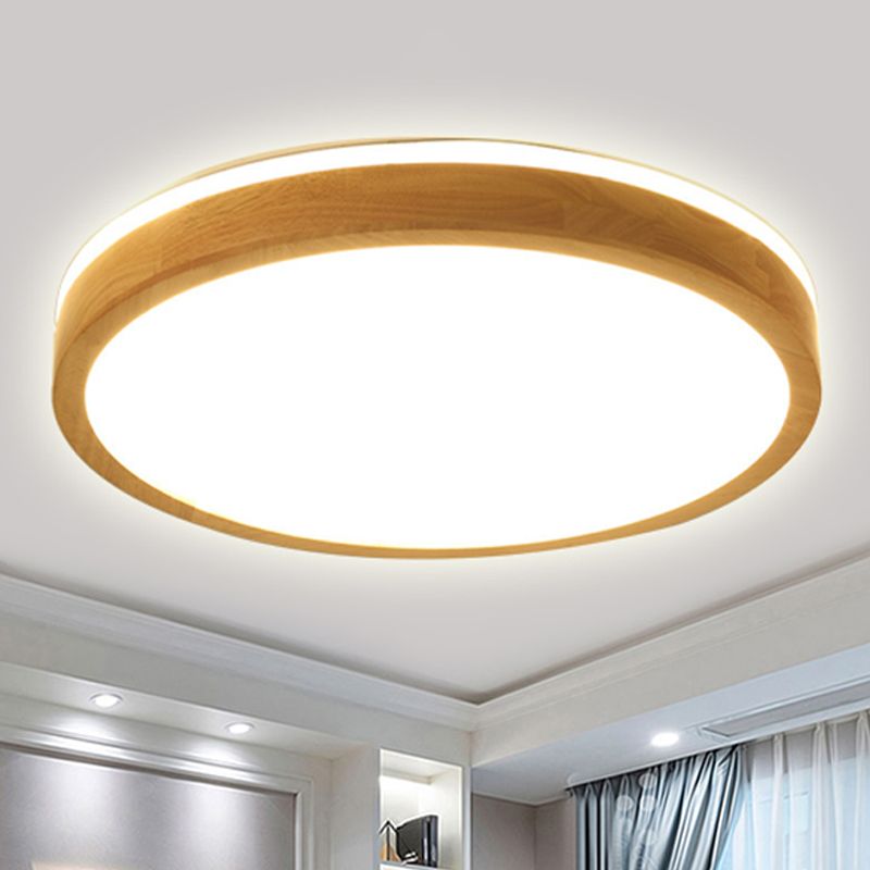 12"/16"/19.5" Wide Round Wood Flush Mount Modernist 1 Light Beige Led Flush Ceiling Light Fixture with Frosted Diffuser in Natural Light