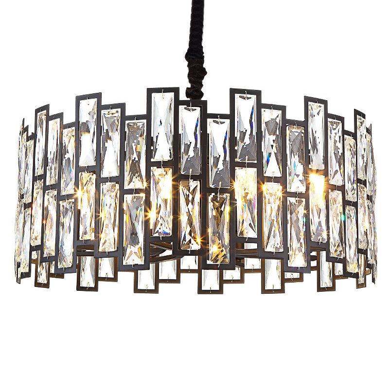 Drum Shaped Beveled Crystal Chandelier Lighting Minimalist Black Pendant Light for Living Room