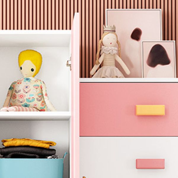 Pink Modern Kid's Wardrobe High Gloss 5-Drawer Coat Locker with Garment Rod