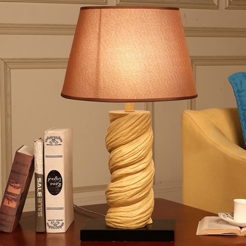 Conic Fabric Night Table Lighting Traditional 1-Light Bedroom Desk Light in White/Brown with Resin Twisted Column