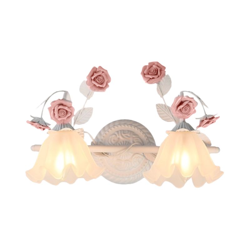 Ruffle Bathroom Wall Mount Light American Flower Frosted Glass 2/3-Head Pink/Blue Vanity Sconce