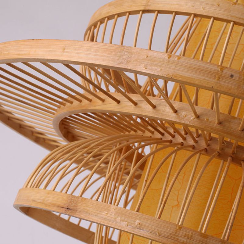 Lotus-Shaped Pendant Light Contemporary Bamboo Single-Bulb Wood Suspension Light Fixture