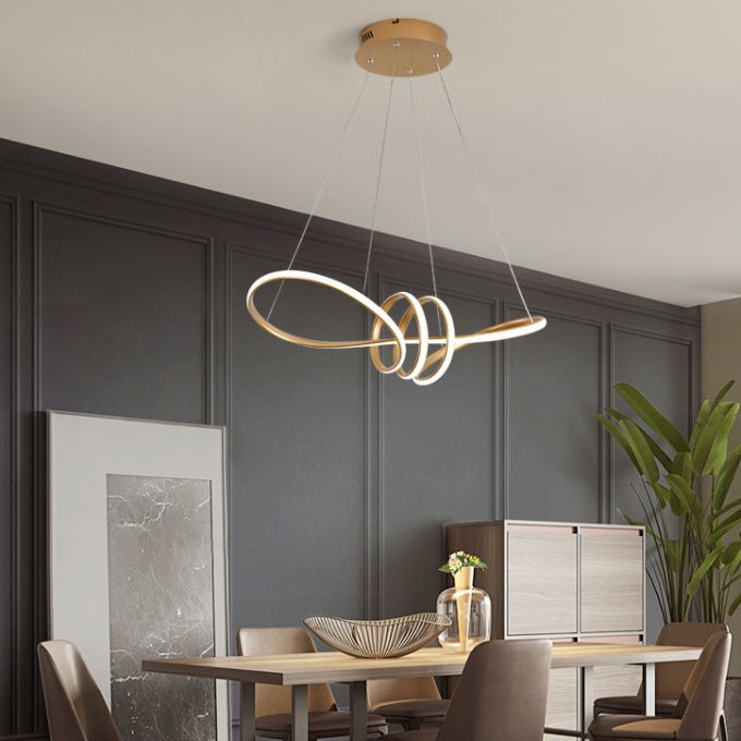 Minimalist Line Art Chandelier Metal Dining Room LED Hanging Pendant Light in Gold