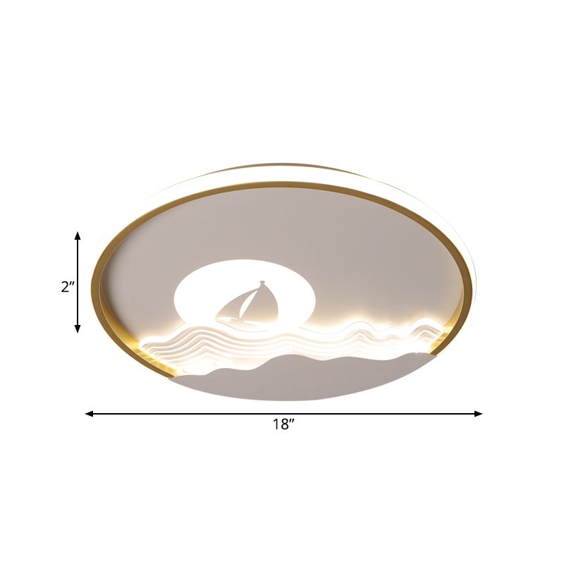 Ultrathin Aluminium Flush Mount Verlichting Kids White LED Plafond Armatuur met Boot Zeilen in zee patroon, Warm/Wit Licht