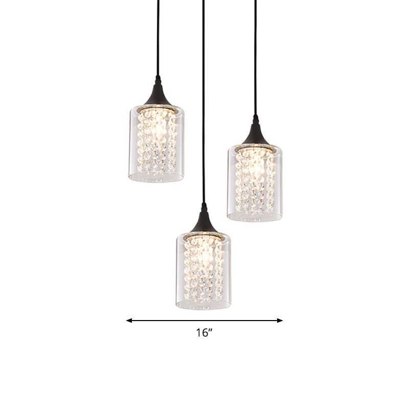 Cilindro in vetro trasparente multiplo a sospeso lampada a pendolo nero minimalista a 3 luci con baldacchino lineare/rotondo