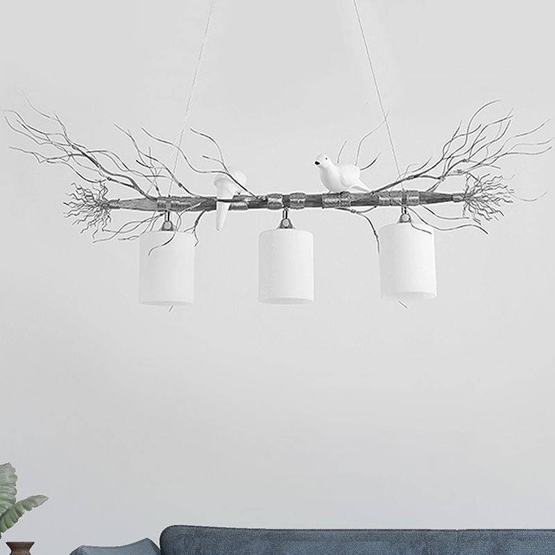 Cylinder Ceiling Island Pendant Modern 3-Head White Glass Hanging Light Fixture with Gold/Silver Branch