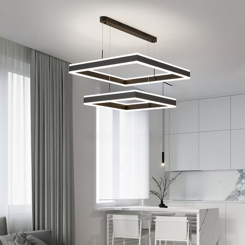 Square LED Chandelier Modern 2-Layer Hanging Pendant Lights with White Acrylic Shade