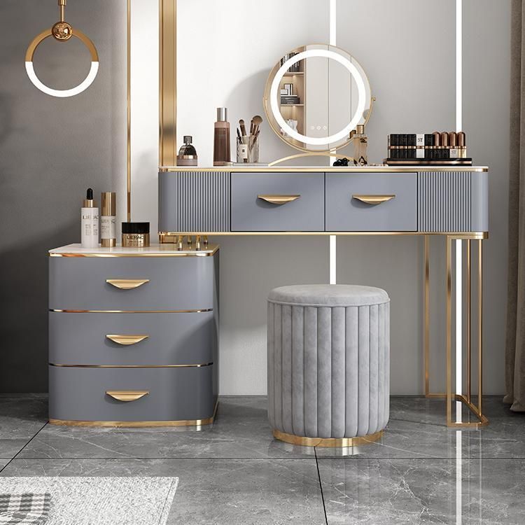 Solid Wood Drawers Vanity Set with Stone Top & Padded Stool in Grey