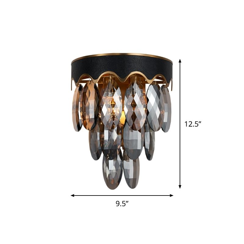 Modern 3-Layer Wall Mount Lighting 2 Lights Beveled K9 Crystal Wall Sconce in Black for Bedside