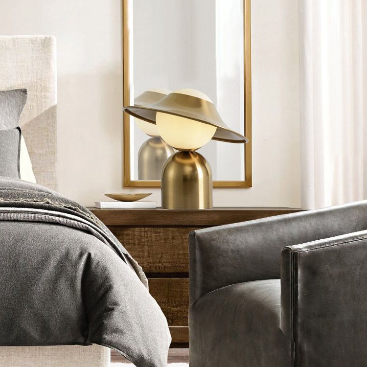 Gold Hat Shaped Table Light Postmodern Style 1 Bulb White Glass Night Stand Lamp