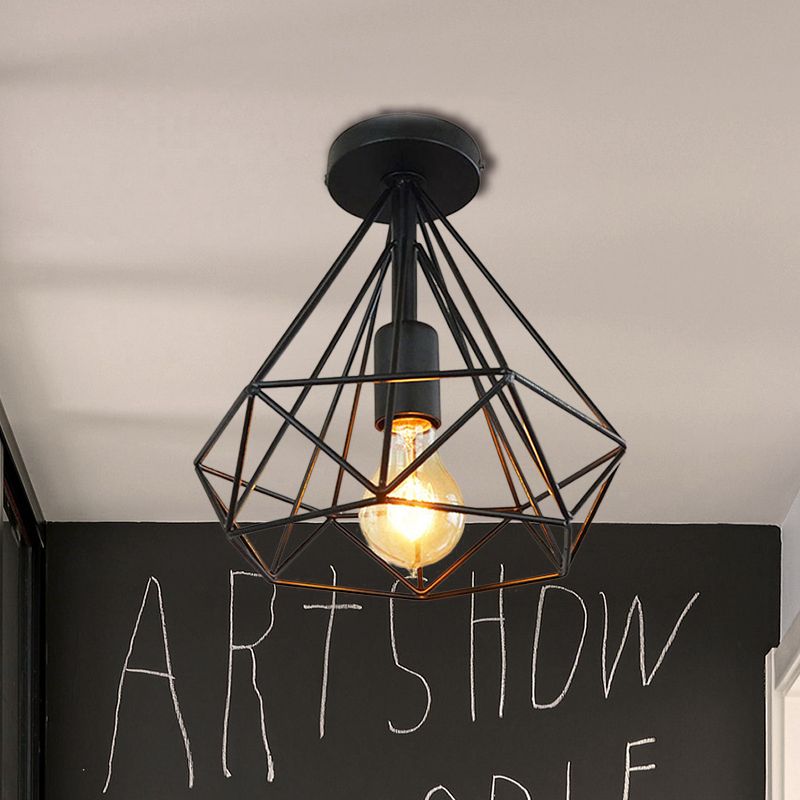 Plafonnier Semi-affleurant à 1 tête, style industriel, Cage en diamant, luminaire de plafond métallique, noir/blanc, pour chambre à coucher