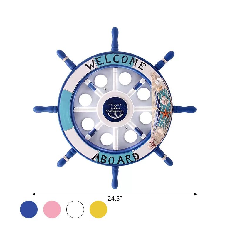 8-Head Boys Bedroom Flush Light Kid Blue/White/Yellow LED Ceiling Mounted Lamp with Rudder Wood Shade, White/3 Color Light