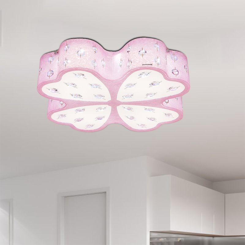 Flower Close to Ceiling Lighting Kids Acrylic LED Pink Flush Mount Light with Crystal Deco