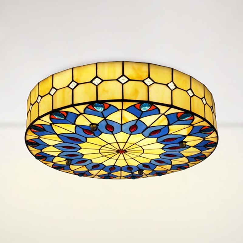 16"/18" W Round Shade Flushmount Tiffany Blue Flush Ceiling Light with Peacock Design for Restaurant