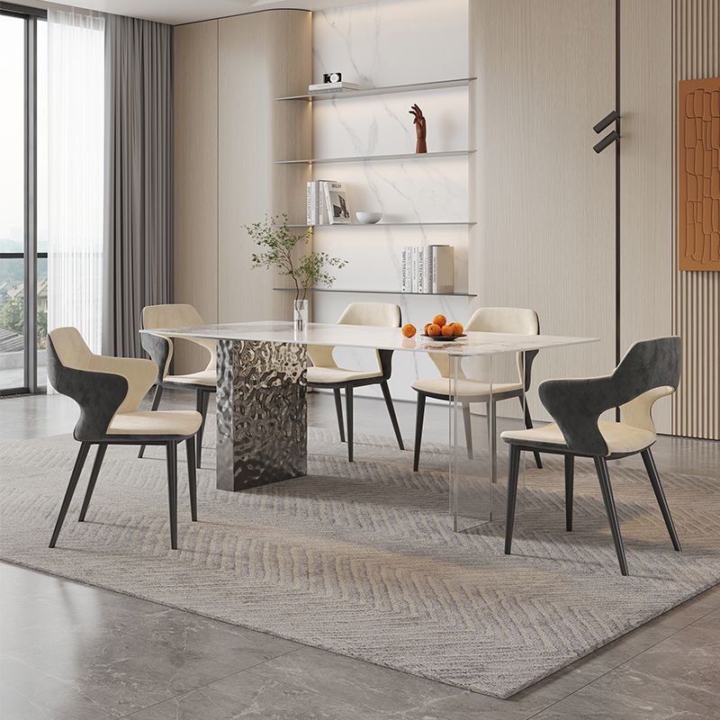 Rectangular Dining Table Grey Stone Table Top Double Pedestal Metal Base
