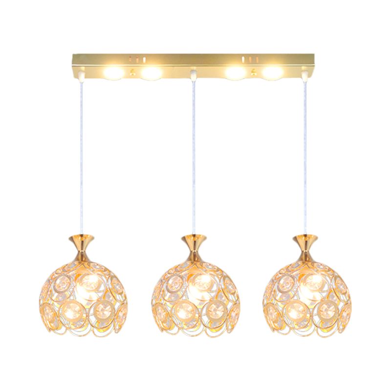 Modern Style Pendulum Light Crystal-Encrusted 3-Bulb Dining Room Multi Pendant Lamp Fixture in Gold