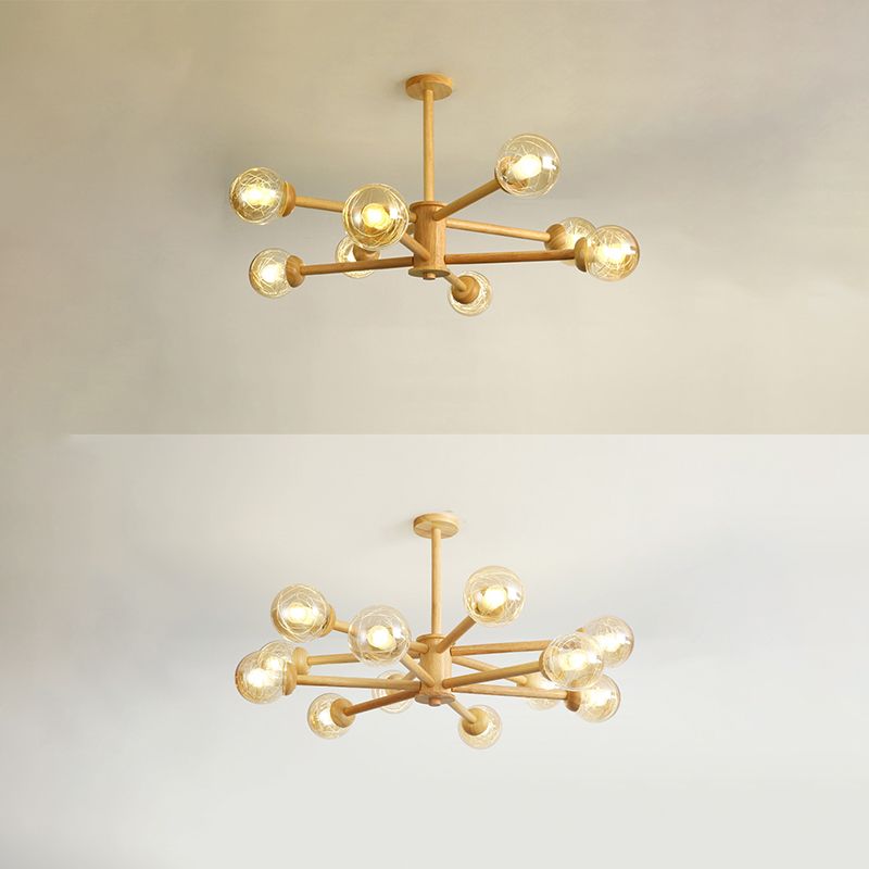 Globe Wood Chandelier Lighting Fixtures Modern Multi-Head Beige Chandelier Lamp with Glass Shade