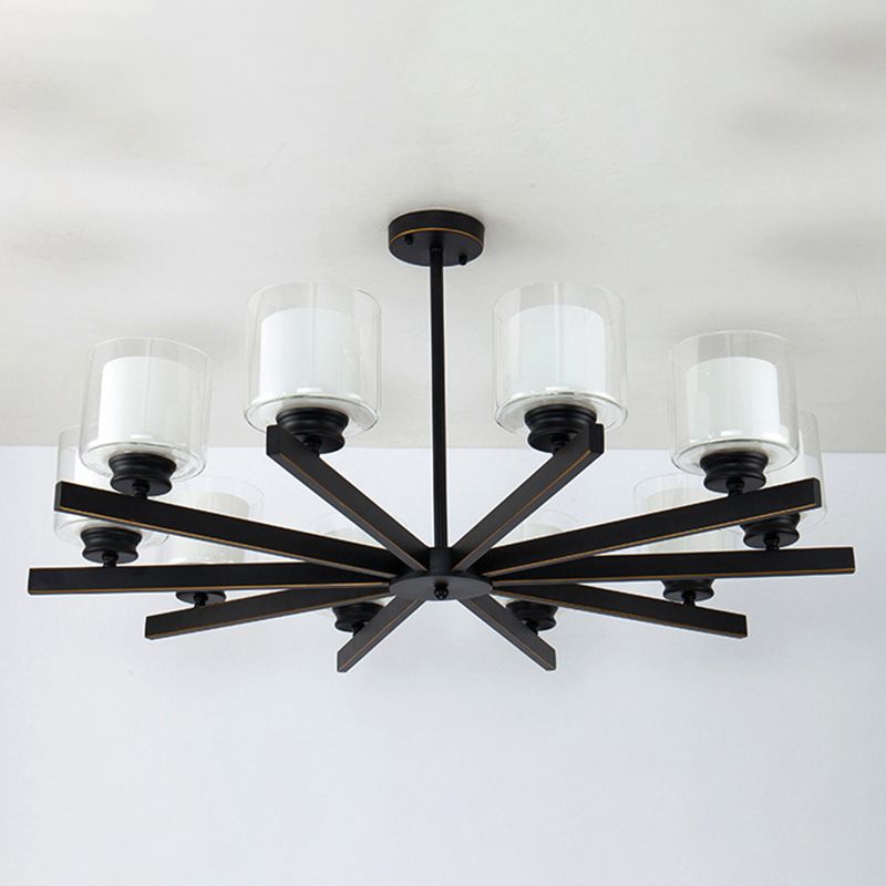 Nordic Style Metal Lighting Chandelier Cylindrical Double-layer Glass Shade Suspension Light for Dining Room