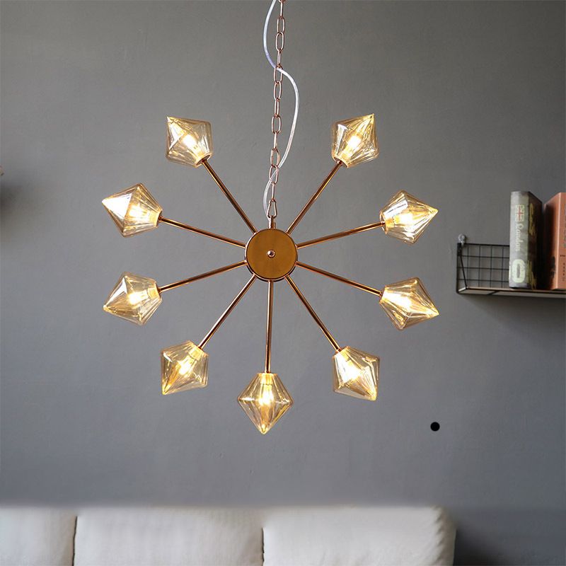 Diamond Shade Hanging Lighting Industrial Amber/Clear Glass 6/9/12 Heads Living Room Chandelier Lamp in Black/Brass/Copper