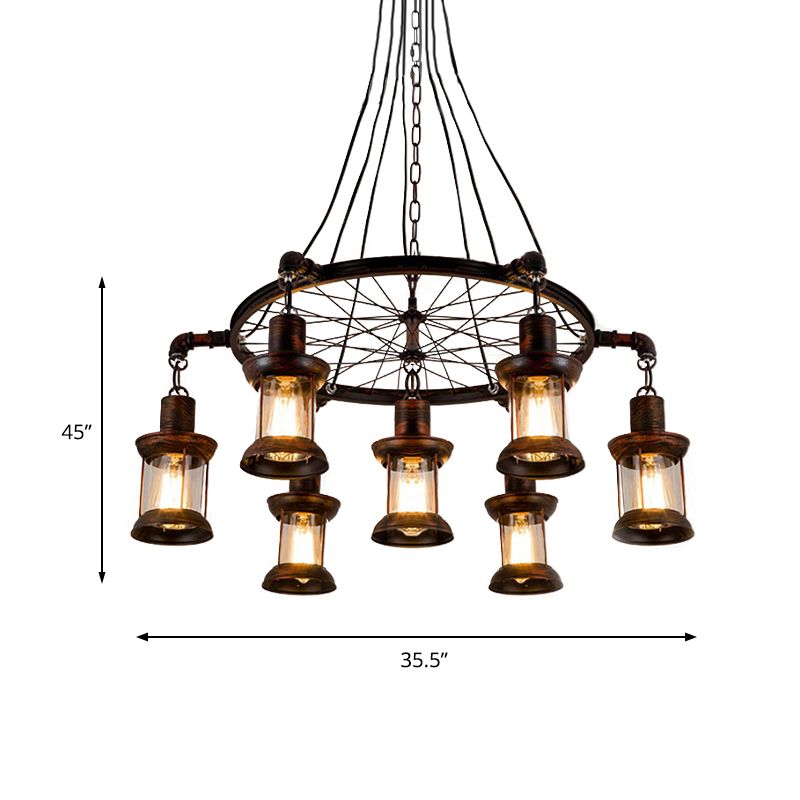 Coastal Lantern Hanging Lamp 7 Lights Clear Glass Chandelier Lighting in Rust with Wheel