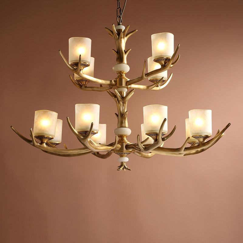 Multi-Head Chandelier Light Fixtures Rustic Antler Chandelier Pendant Lamp with White Glass Shade