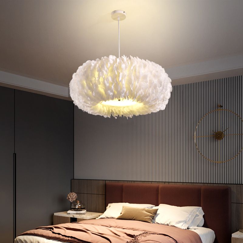 Circle Feather Chandelier Pendant Light Minimal Hanging Light Fixture for Bedroom